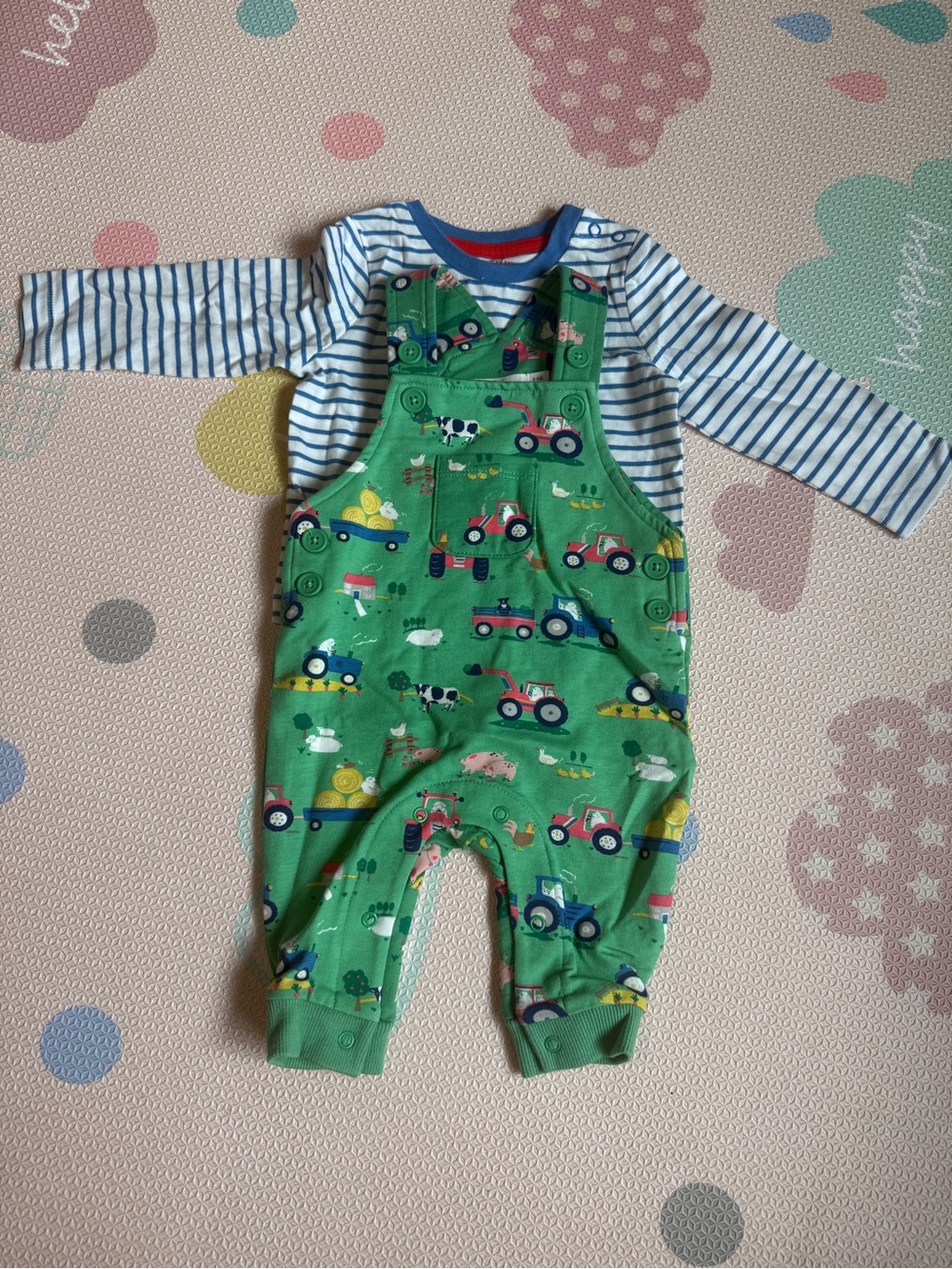 Baby Boden Green Tractor Print Overalls with Blue-White Striped Top